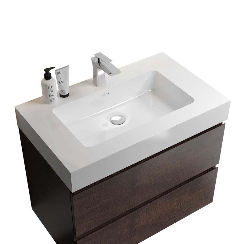 Ensemble de meuble-lavabo mural simple 29,9 po avec lavabo, Blanc / noyer