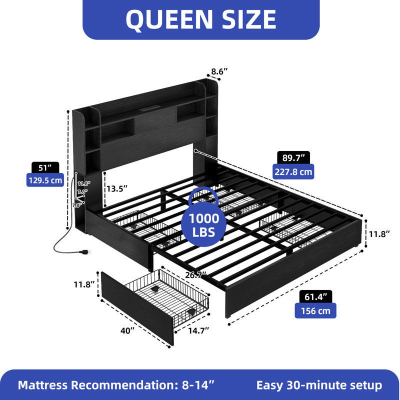 Industrial Bookcase Platform Bed, King, Black