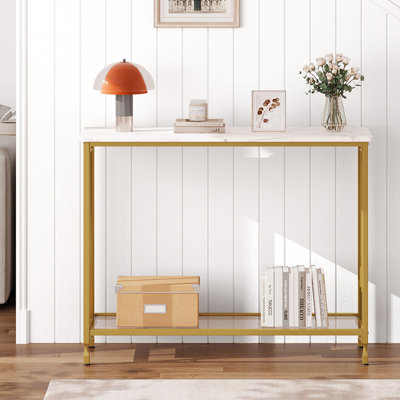 Console à 2 niveaux, table d'entrée en faux marbre avec cadre en métal doré, table de canapé étroite avec tablette inférieure en verre pour le salon, couloir