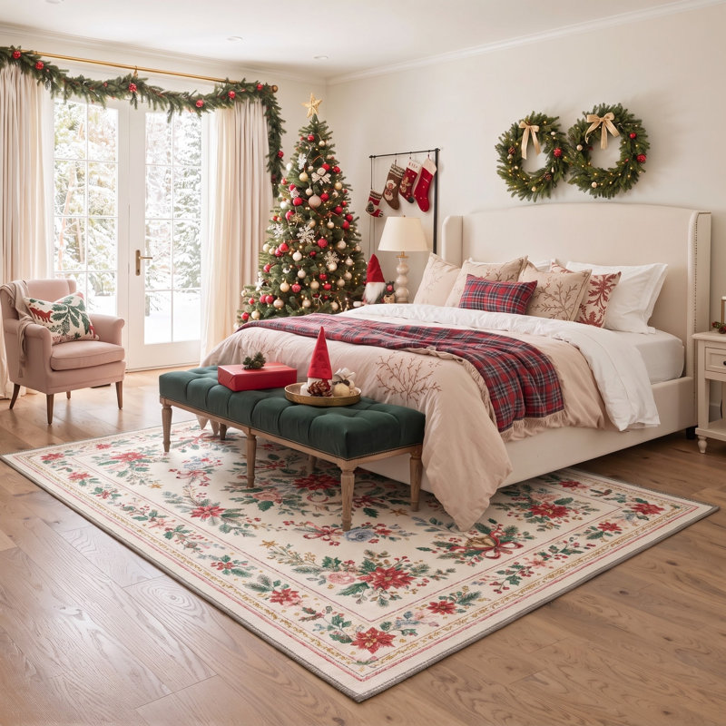 Tapis de Noël vintage à motif floral botanique, lavable à la machine, ivoire et rouge, avec envers antidérapant
