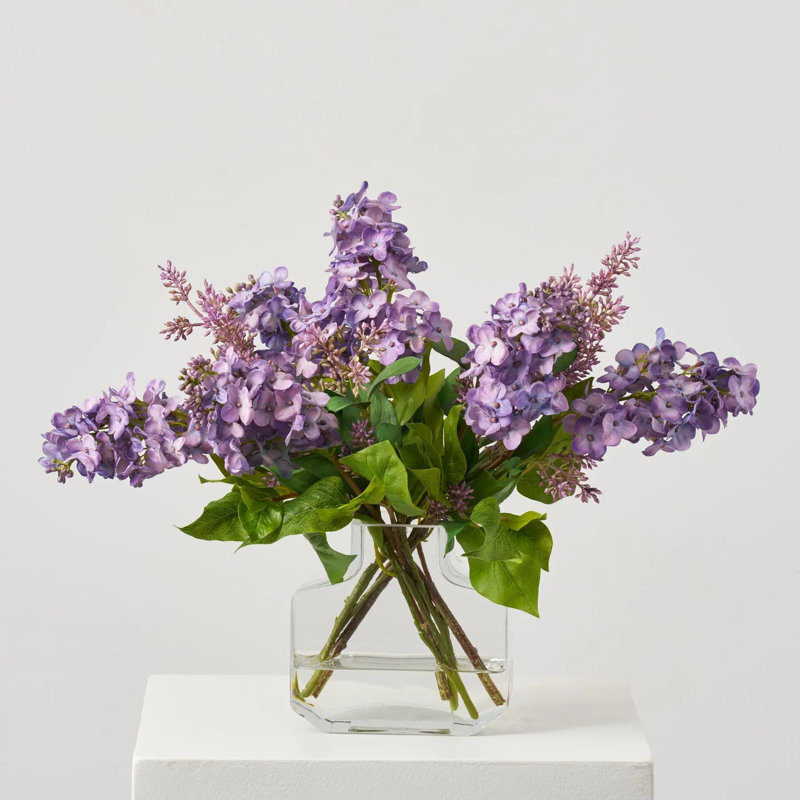 Real Touch Purple Lilac Blooms & Seeding Branches in Factice Vase Spring Water Illusion Arrangement