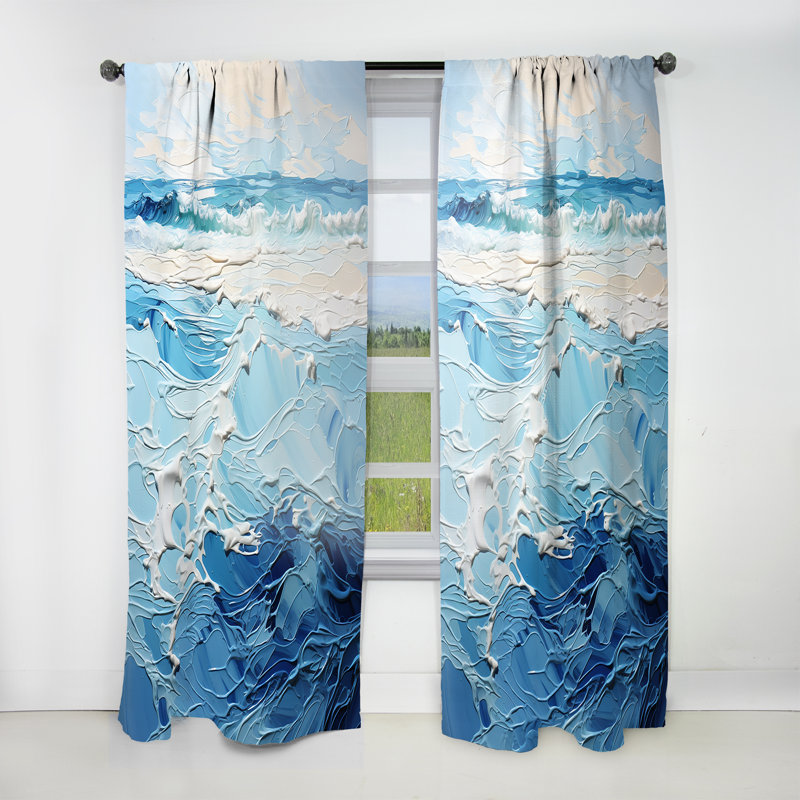 Lauren Blue And White Modern Waves Of The Coast II - Nautical Velvet Curtain - Room Darkening - 1 panel, 52" W x 63" L