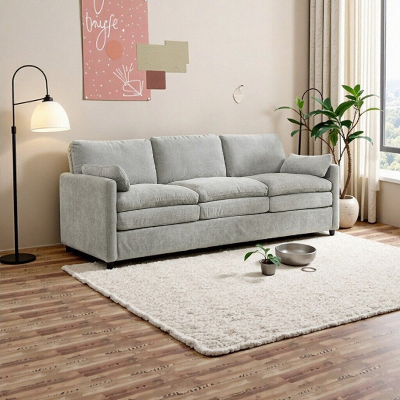Canapé rembourré 89 po à 3 places - très grand nuage avec coussins doubles, tissu chenille moelleux, accoudoirs roulés, gris clair