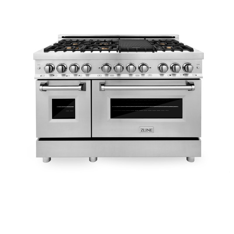ZLINE 48" Legacy Dual Fuel Range w/ 7 Burner Gas Cooktop and 2 Electric Ovens, Brass Burners Stainless Steel