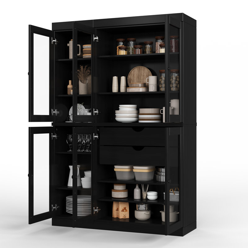 100% Solid Wood 48.5" Pantry China Cabinet with Clear Glass Doors, 2-Drawers and Adjustable Shelves, Black