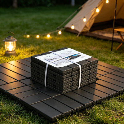 Patio Interlocking Deck Tiles, 12"X12" Square Composite Decking Tiles, 4 Slat Plastic Outdoor Flooring Tile All Weather  Balcony Porch Backyard,  , Pack Of 9