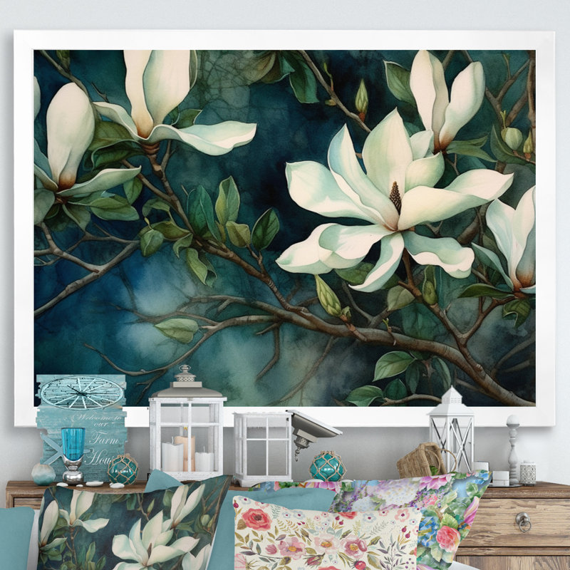 Green White Magnolias Landscape - Floral Wall Art For Living Room, 30" H x 40" W x 1.5" D, White Single Picture Framed