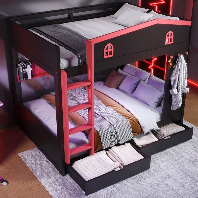 Queen over Queen Bunk Bed with Storage Drawers, Shelves & Hooks, Solid Wood, No Box Spring, Black&Red, Black/Red