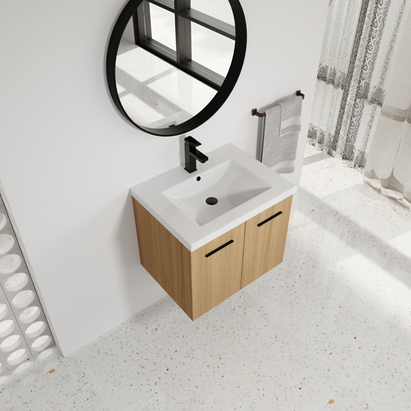  Meuble-lavabo flottant 24 po avec évier, contreplaqué de chêne clair, lavabo en résine