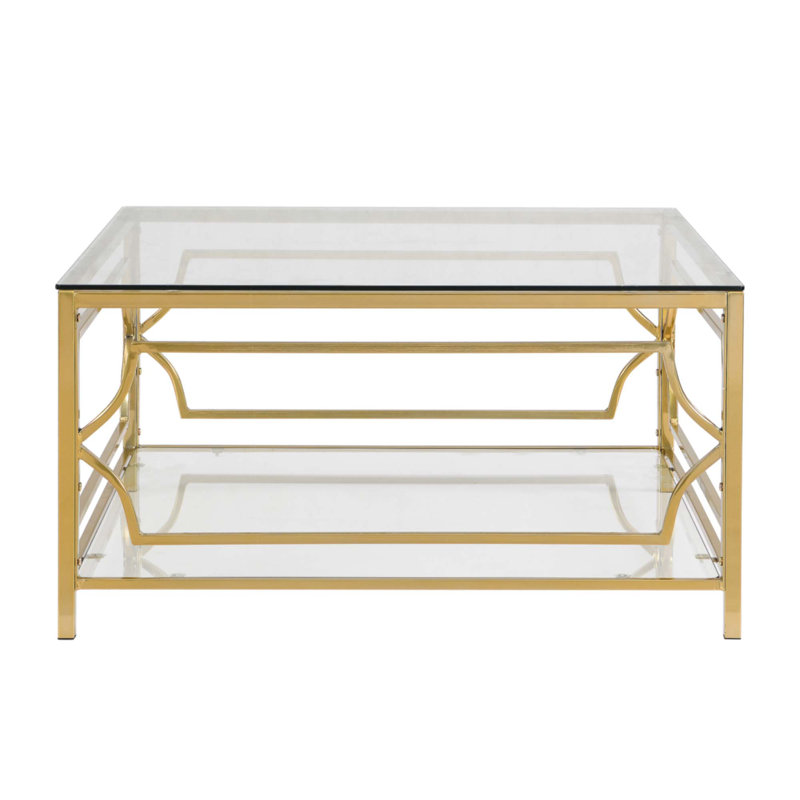 Square Glass Coffee Table with Gold Finish and Lower Shelf, Transparent/Gold, Transparent