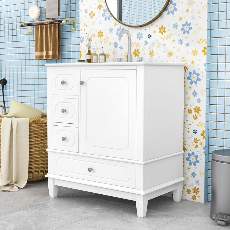 Meuble-lavabo en bois durable avec lavabo intégré et tablettes de rangement, Blanc / blanc