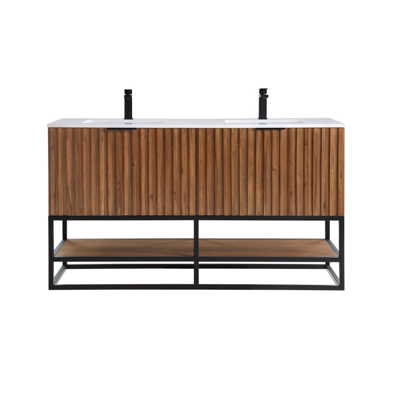 Terra 60'' W Double Vanity, Walnut, Matte Black, Calacatta Quartz/Widespread