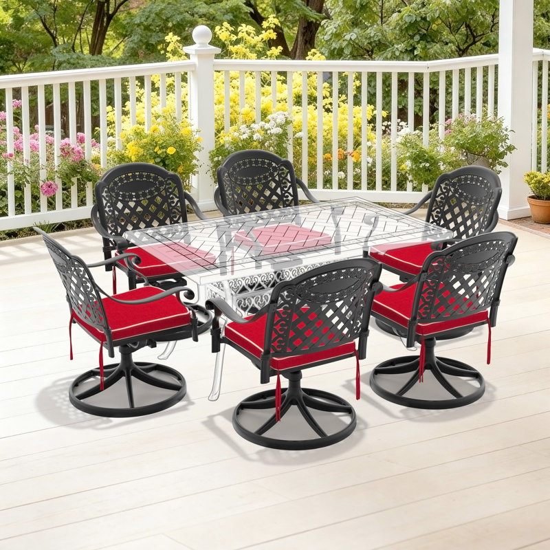 Chaise de patio pivotante en fonte d'aluminium 6 pièces avec structure noire et coussins rouges
