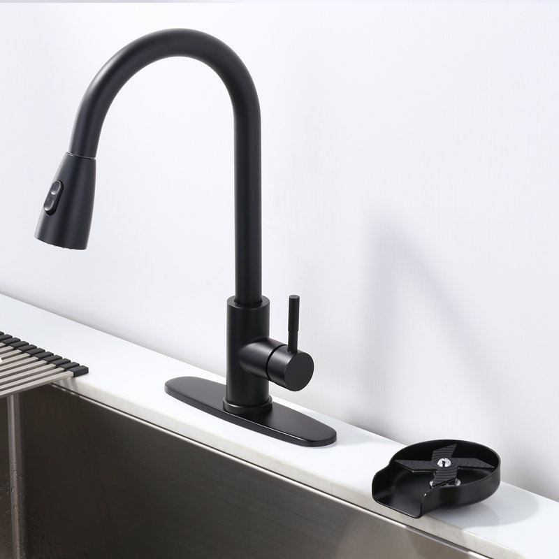 Robinet de cuisine rétractable à poignée simple en acier inoxydable avec plaque de pont et laveur de verre ARCORA, Noir mat