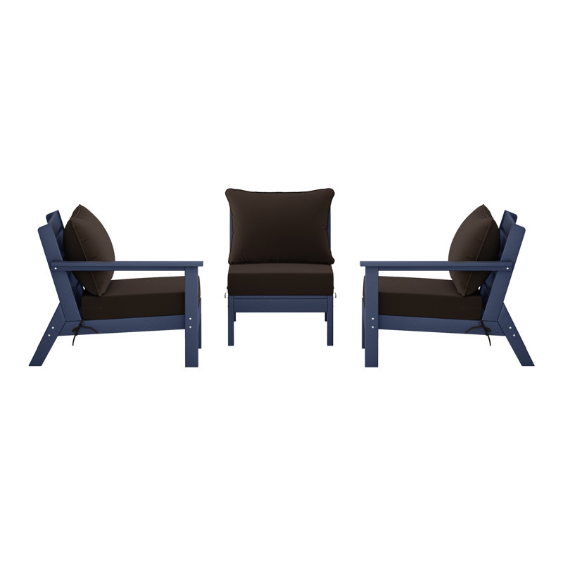 3-Piece Deep Seating Set With Cushions, Brown, Navy Blue