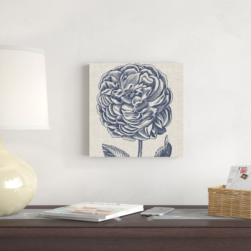 Indigo floral sur lin V, H 12 po x l 12 po x P 1,25 po