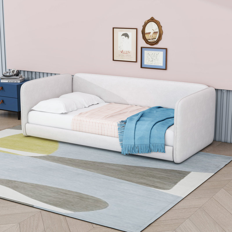 Structure de lit tapissier pour lit simple avec rails latéraux de protection, Beige