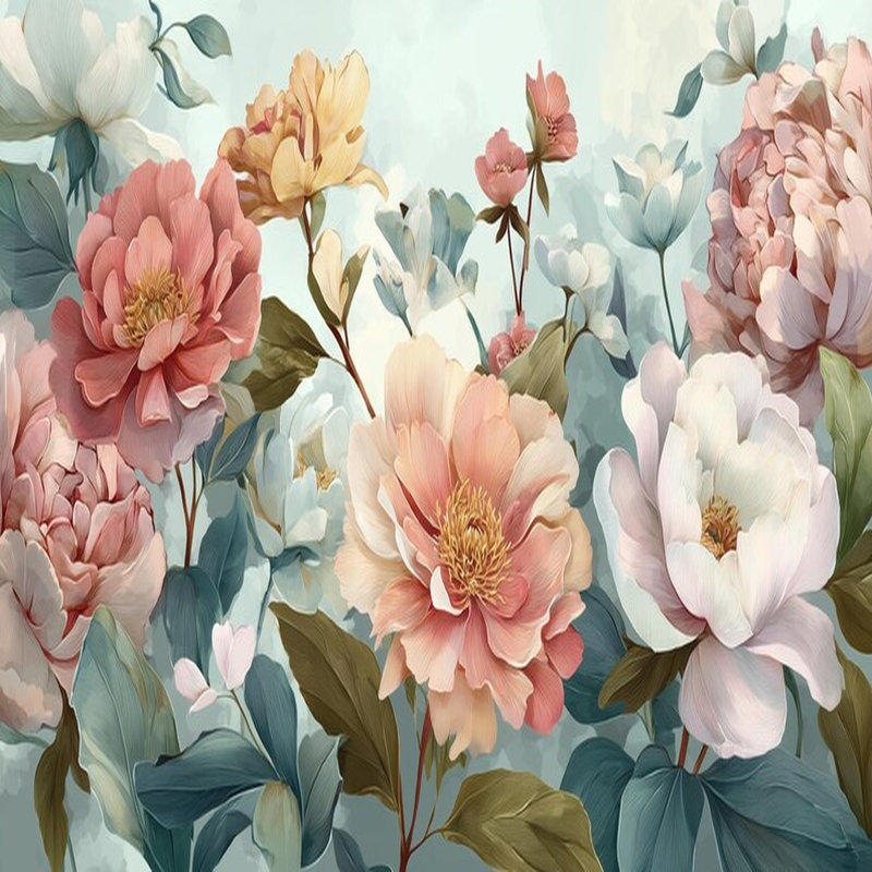 Papier peint rétro avec fleurs dans des tons pastel, L 96 po x l 108 po