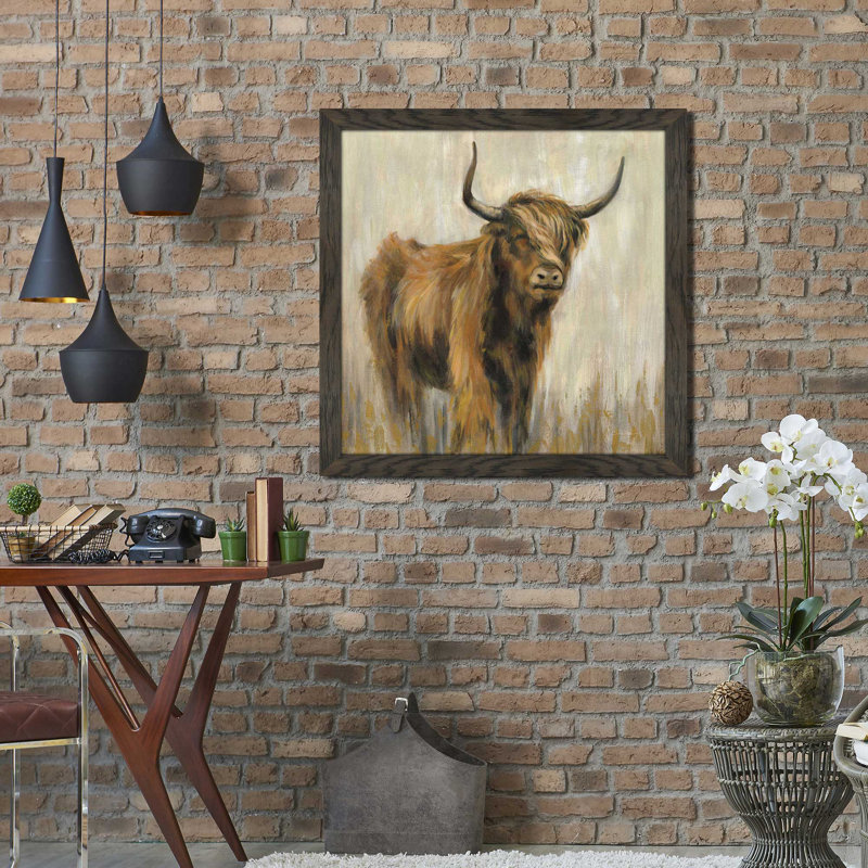 " Highland Mountain Cow ", Chocolate Distressed Framed, 37.5" H x 37.5" W x 1" D