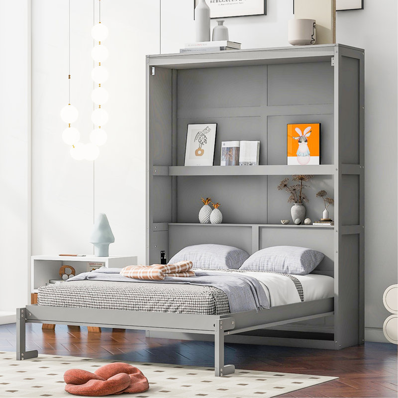 Lit escamotable mural avec tablettes Murphy, Gris, Double