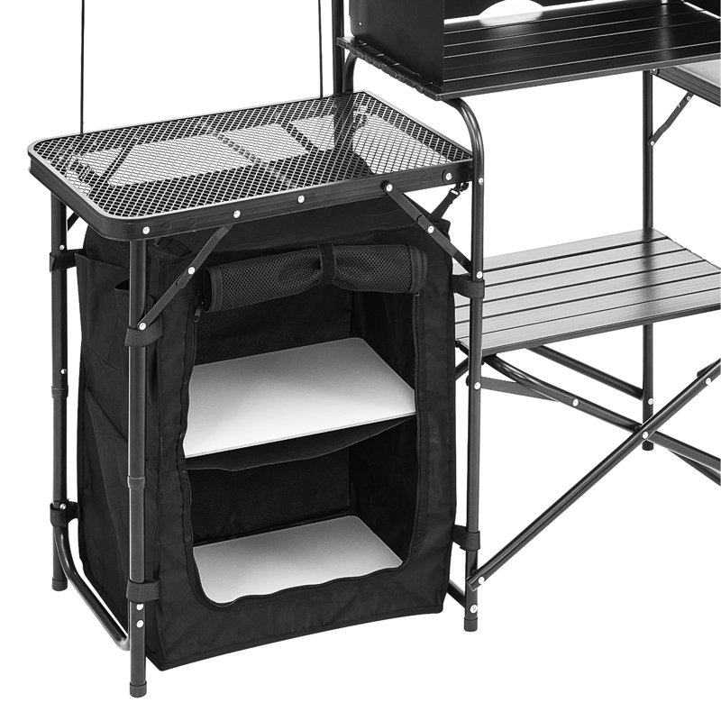 Table de camping portative avec espace de cuisson, structure en aluminium, grille en acier, compartiments de rangement, pare-vent à 3 côtés, crochets, support de lampe, conception renforcée, montage rapide, profondeur de 33,36 pouces.