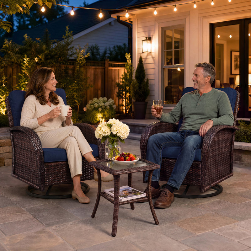Ensemble de 3 fauteuils à bascule pivotants en résine tressée avec table d'appoint et coussin bleu marine, ensemble de conversation moderne pour véranda, terrasse, balcon et jardin