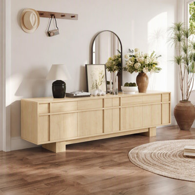 71”  Natural Wood Tv Stand, Modern Media Console With Drawer & Cabinet Storage, Living Room Entertainment Center