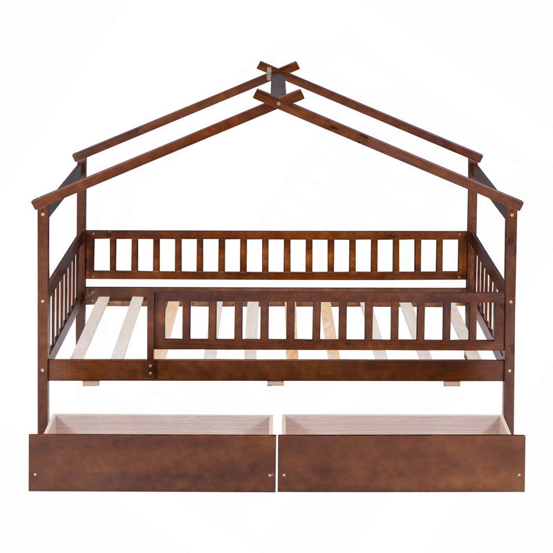 Lit en bois avec deux tiroirs, Noyer, Lit simple