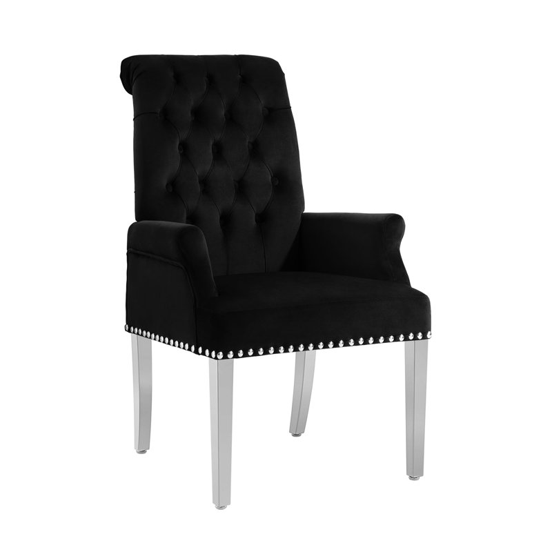Upholstered Tufted Arm Dining Chairs, Velvet Black