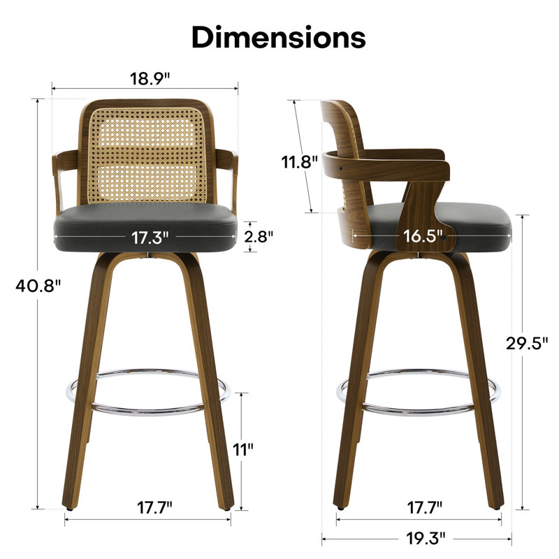 26.77" Upholstered Cane Back Counter & Bar Stool With Armrest, Dark Gray, 4