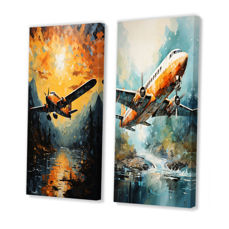 «In Flight Plane Horizons» - ensemble de 2 pièces d'art mural, Toile tendue, H 40 po x l 41 po