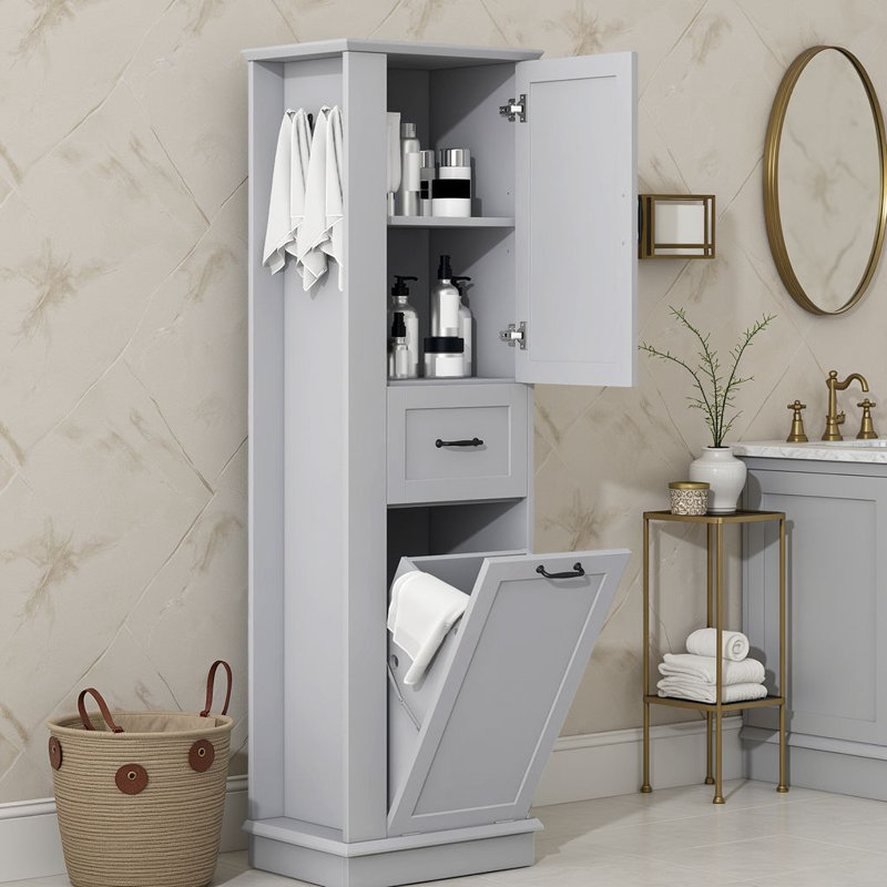 67.8" H Freestanding Bathroom Cabinet With Tilt-Out Hamper, Adjustable Shelves & Side Hooks, Gray