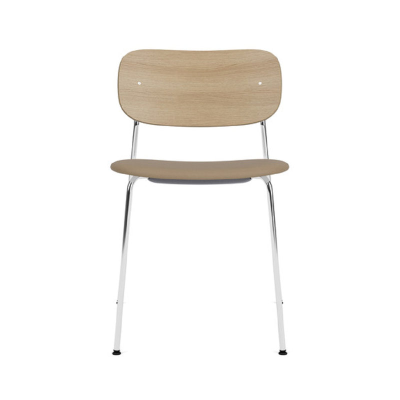 Co Upholstered Dining Chair, Brown Leather, Natual Oak, Chrome