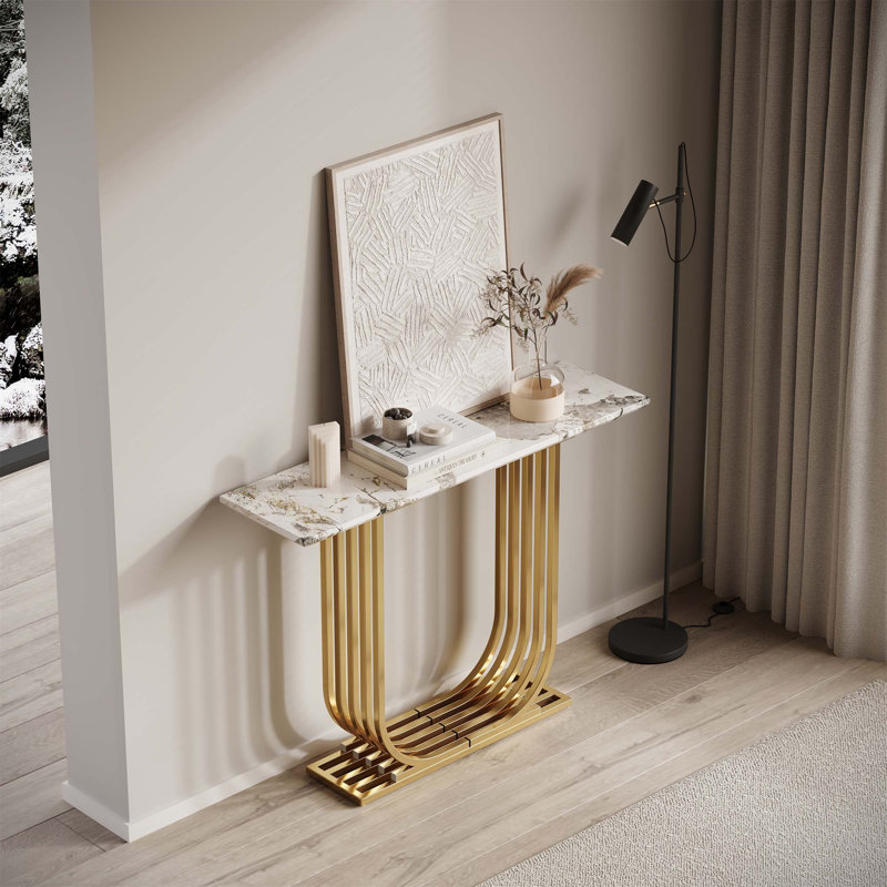 Console de 43,3 pouces en bois imitation marbre moderne et étroite, parfaite pour les petits espaces et une utilisation multifonctionnelle