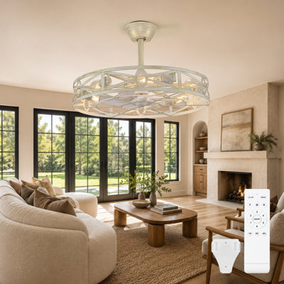  Caged Ceiling Fans with Light: 24-Inch Metal Enclosed Farmhouse Fandelier for Kitchen Bedroom - Industrial Semi Flush Mount Ceiling Fans with Remote 6 Speeds Reversible Motor Timer