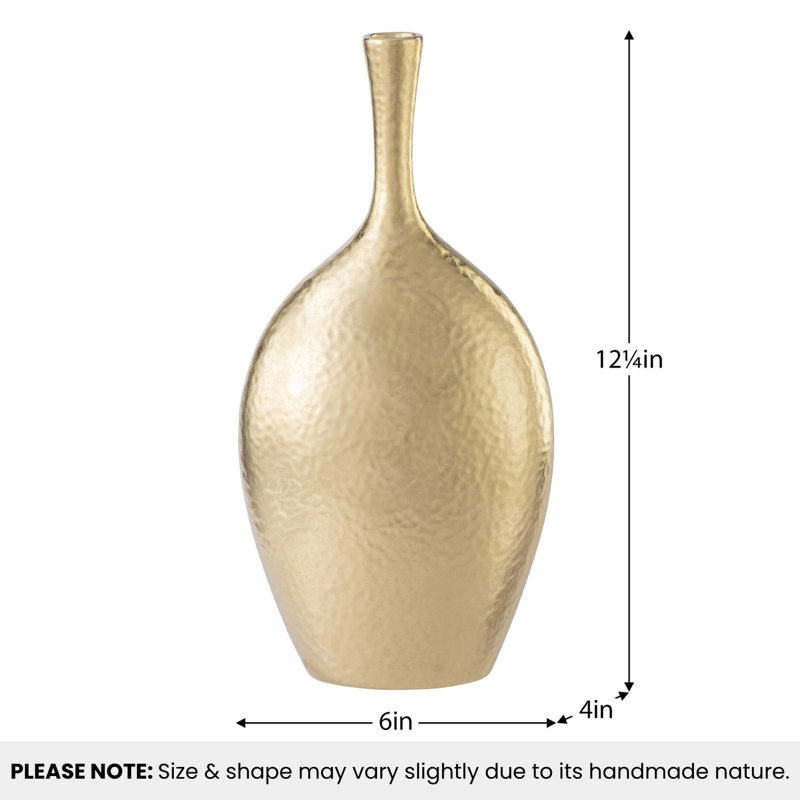 Aurelia 12" Tall Dimpled Satin Gold Ceramic Vase, 12.25" H x 6" W x 4" D, Gold