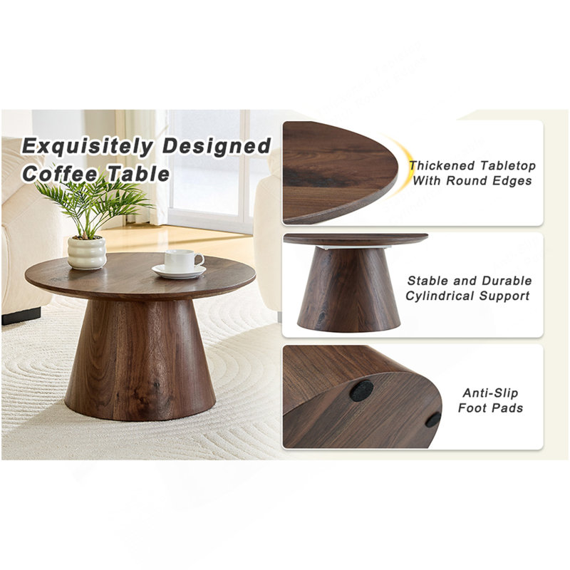 Table basse circulaire en panneau de fibres à densité moyenne en bois de noyer - diamètre 23,6 pouces, hauteur 13,7 pouces en placage de grain de bois de noyer, texture exquise, ajustement flexible au plateau de table circulaire.