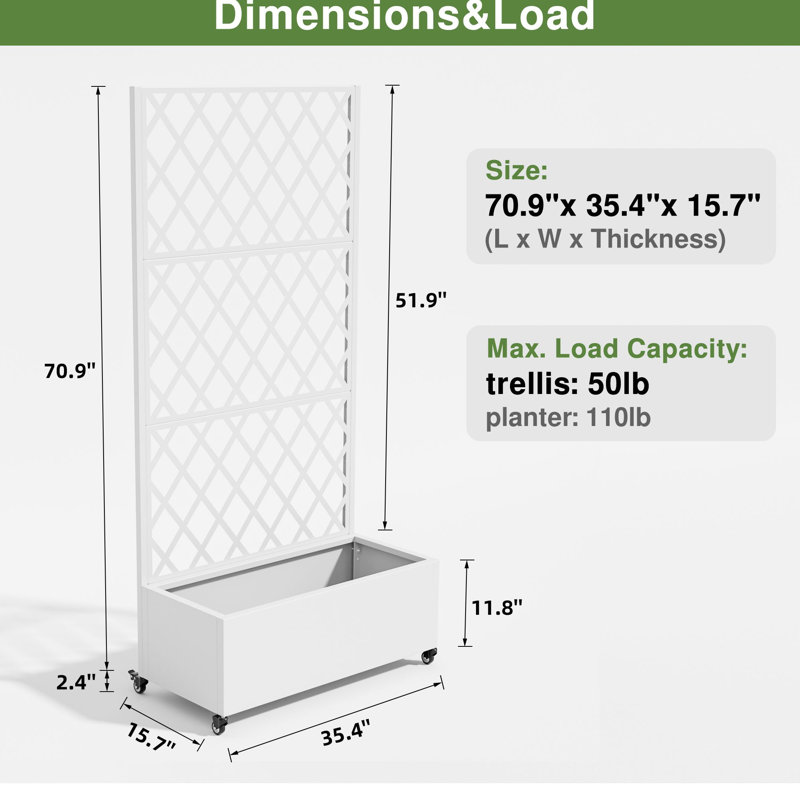 Metal Planter Box with Trellis with Wheels, 71" H x 35" W x 16" D, White