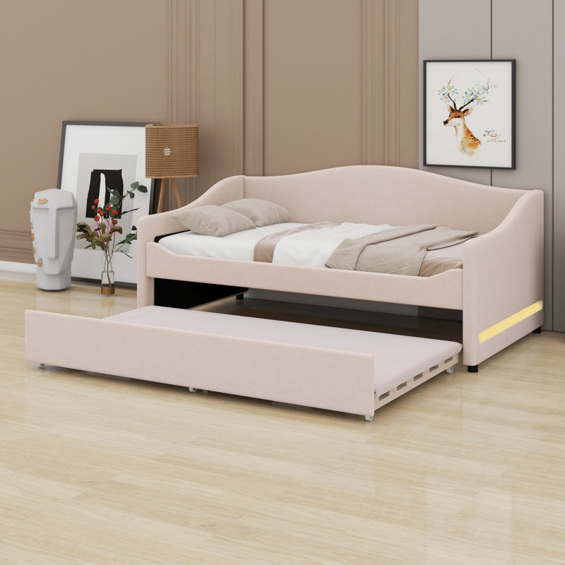 Upholstered Daybed With Light And Trundle, Beige
