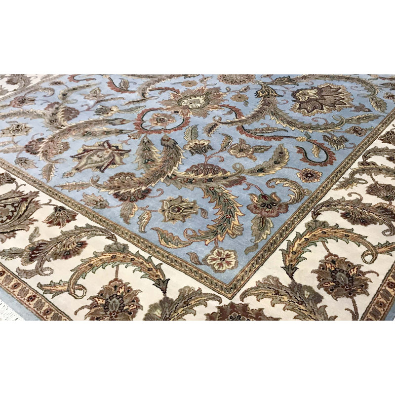 Tapis bleu clair et ivoire de haute qualité noué à la main Trinity