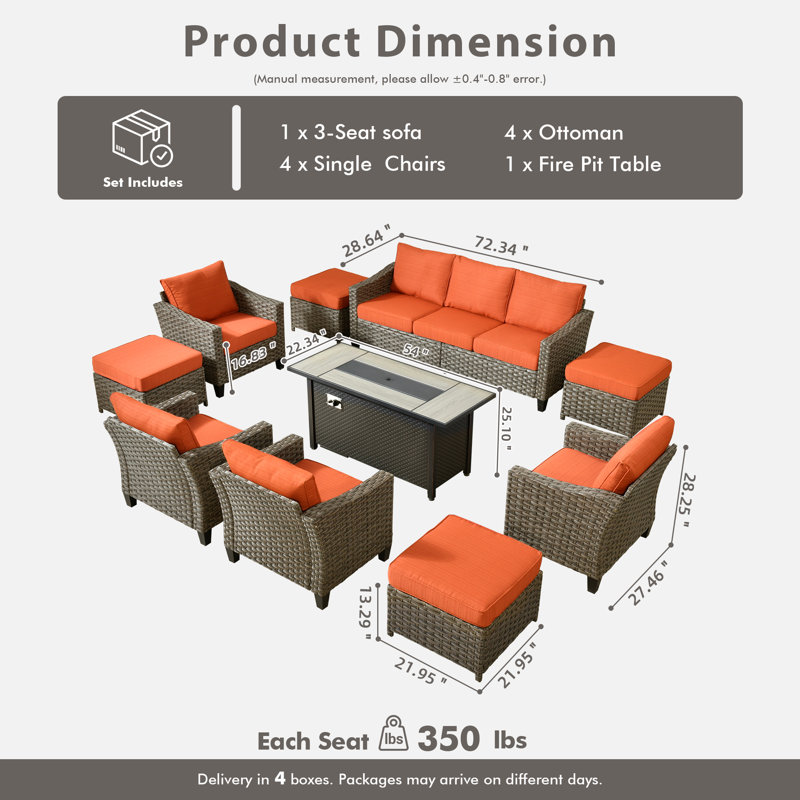 Eaker 10 Piece Seating Group with Cushions, Orange Red, Yes