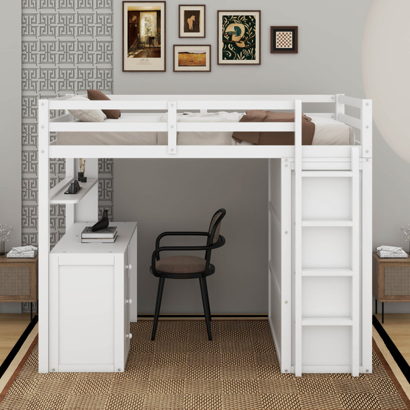 Lit mezzanine simple avec bureau, tiroirs et garde-robe, Blanc