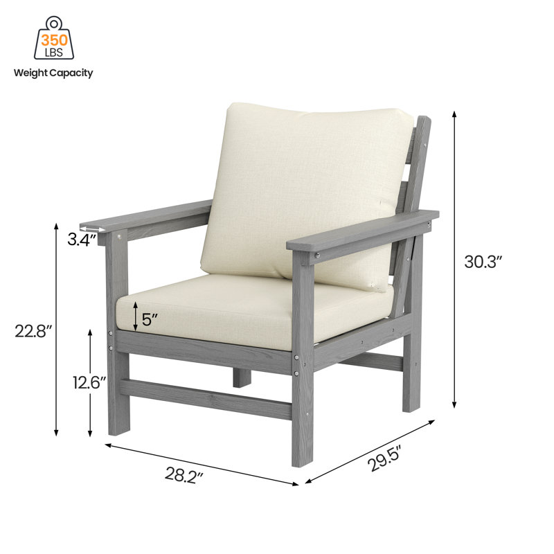 Outdoor Modern HDPE Lounge Chairs With 5" Thick Cushions & Natural Wood Texture, Beige, Gray