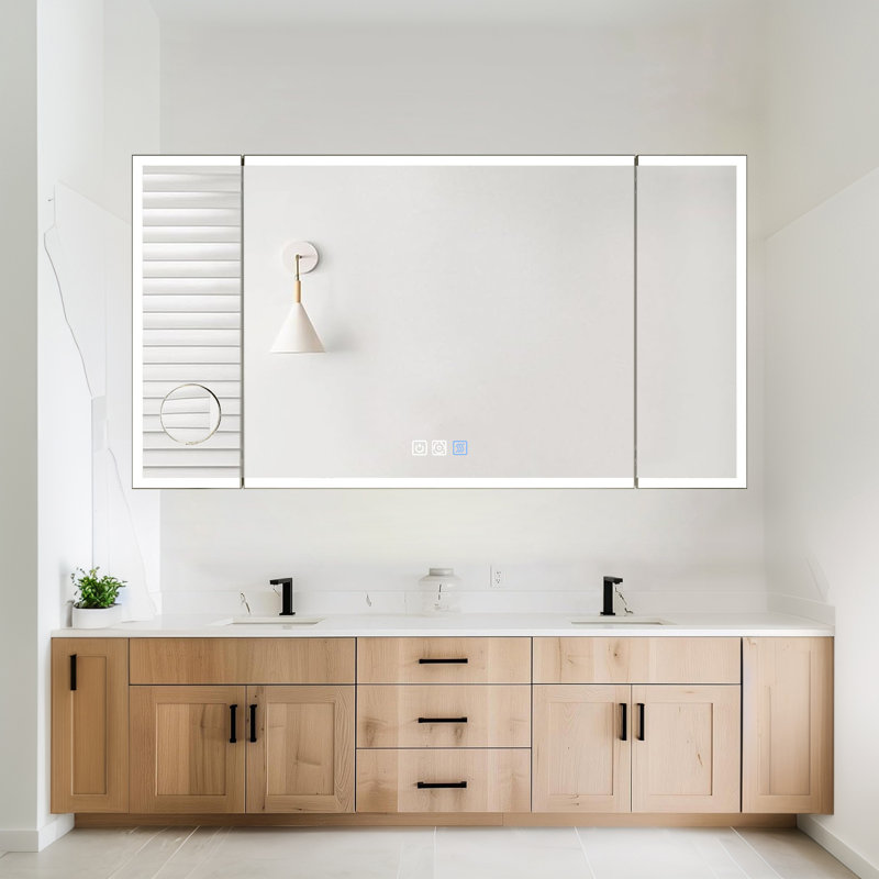 Tri-Fold Wall Mirror with Backlit, Front-lighted, Removable 10x Magnifying Mirror, Dimmer, Defogger, 36" x 66"