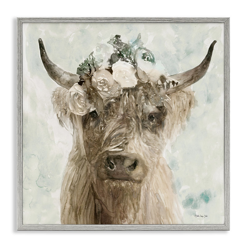 Art de giclée de bison doux avec couronne florale par Stellar Design Studio, Estampe numérique Farmhouse, H 17 po x l 17 po