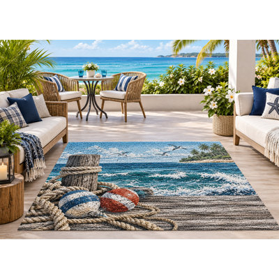 Tapis d'extérieur de 5 pi x 7 pi avec quai de plage, corde, bouée et ressorts en PVC imperméable, tapis de patio robuste, tapis d'extérieur à séchage rapide pour terrasse de camping