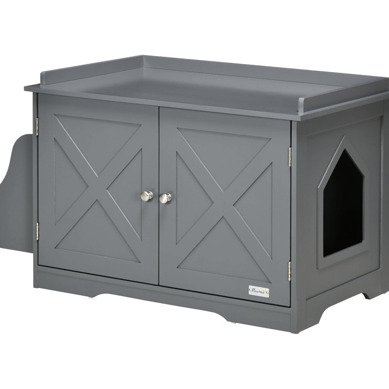 de litière pour chat de style gris, avec porte magnétique et espace intérieur pour l'enceinte d'organisation