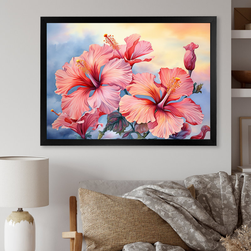 Hibiscus corail sur la plage II - reproduction sur toile, Cadre simple noir, H 30 po x l 40 po x P 1,5 po