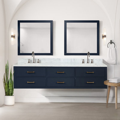Ensemble de meuble-lavabo double avec plateau en marbre de Carrare et robinet