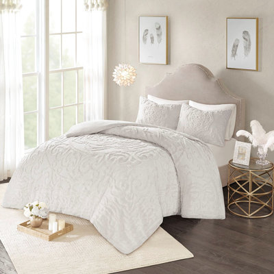 Housse de couette 100% coton avec médaillon en chenille - chambre et taie décorative grise